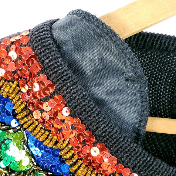 Vtg Lindsey Blake Black Sweater Women's S Multicolor Sequins Beads Wearable Art - Picture 10 of 11